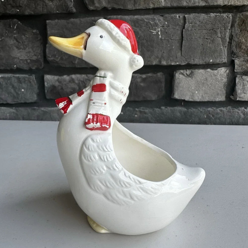Vintage 80s Country Christmas Santa Goose Planter Sponge Holder Cottage Granny